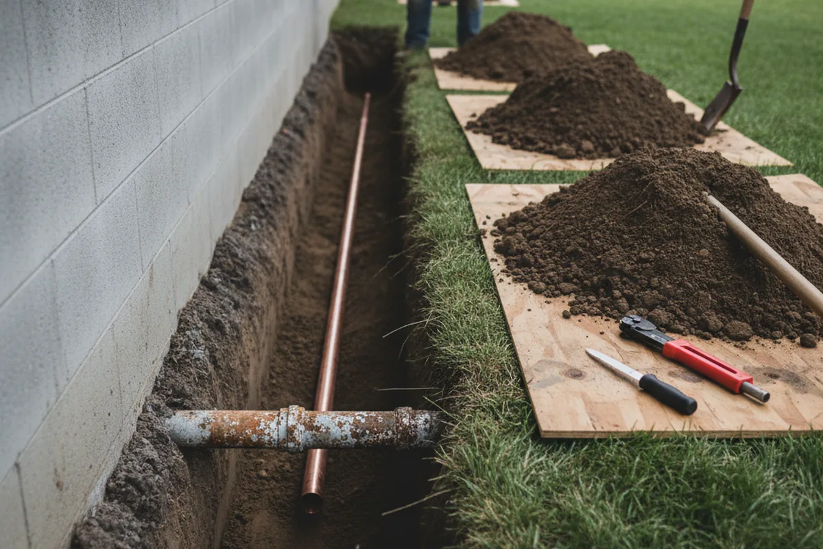 Excavated water line trench during Sewer Line Repair in Piermont